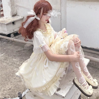 Cute Lolita Ruffled Collar Bow Tulle Layered Princess Dress MK0808 - KawaiiMoriStore