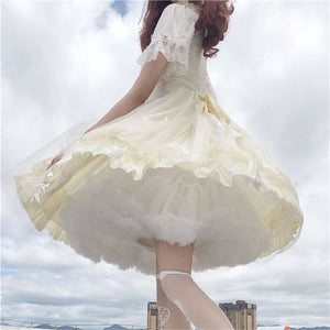 Cute Lolita Ruffled Collar Bow Tulle Layered Princess Dress MK0808 - KawaiiMoriStore