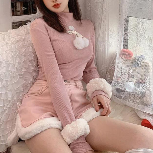 Cute Love Heart Embroidery Fuzzy Ball Turtleneck Top MM0981 - KawaiiMoriStore