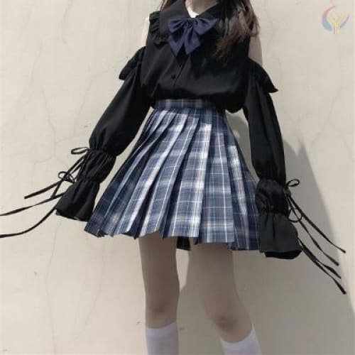 Cute Off-shoulder Long Sleeve Top+Pleated Skirt Two Piece Set MK15127 - KawaiiMoriStore