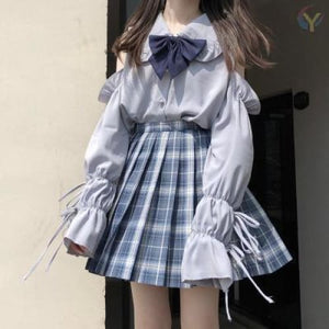 Cute Off-shoulder Long Sleeve Top+Pleated Skirt Two Piece Set MK15127 - KawaiiMoriStore