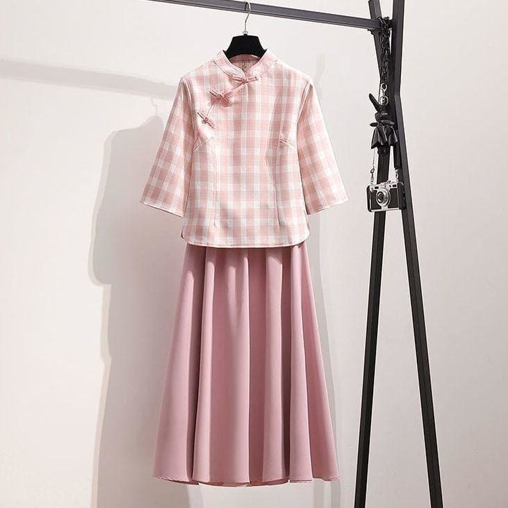 Cute Pastel Chinese Style Pink Blouse and Long Skirt MK16093 - KawaiiMoriStore