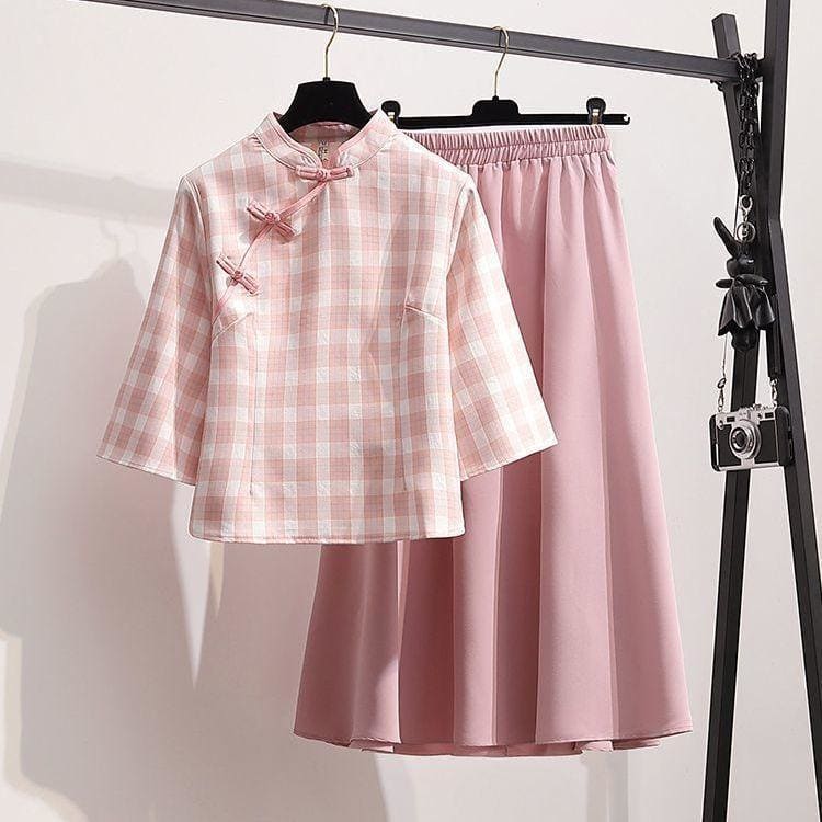 Cute Pastel Chinese Style Pink Blouse and Long Skirt MK16093 - KawaiiMoriStore