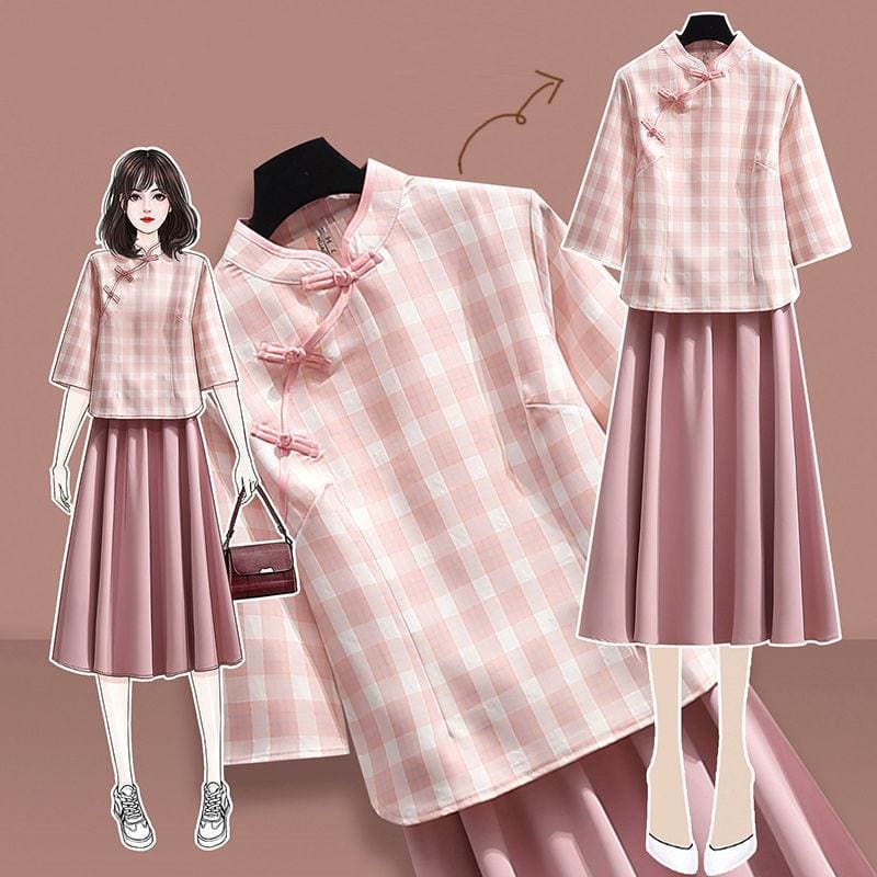 Cute Pastel Chinese Style Pink Blouse and Long Skirt MK16093 - KawaiiMoriStore