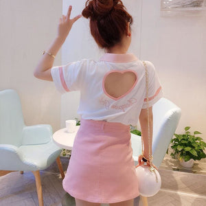 Cute Pink White Sweet Love Heart Hollow Polo Collar T-Shirt And Skirt MM1161 - KawaiiMoriStore