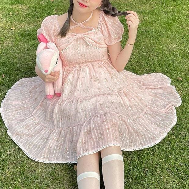 Cute Pink/White Sweet Bubble Sleeve Floral Dress MM1180 - KawaiiMoriStore