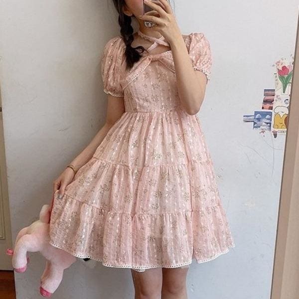 Cute Pink/White Sweet Bubble Sleeve Floral Dress MM1180 - KawaiiMoriStore