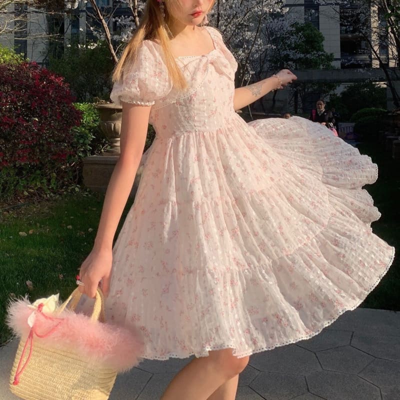 Cute Pink/White Sweet Bubble Sleeve Floral Dress MM1180 - KawaiiMoriStore