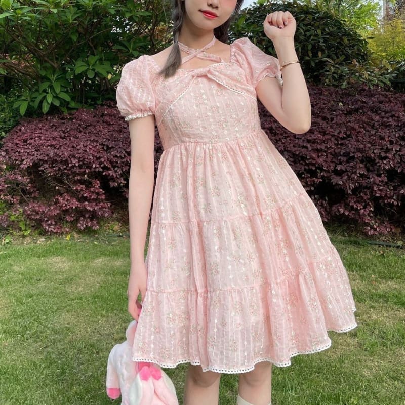 Cute Pink/White Sweet Bubble Sleeve Floral Dress MM1180 - KawaiiMoriStore