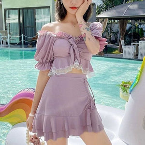 Cute Purple/Blue/Pink Bow Swimsuit Two Pieces Set MK15900 - KawaiiMoriStore