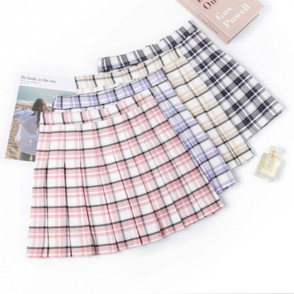 Cute Purple/Yellow/Blue/Pink Plaid High Waist Pleated Skirt MK15923 - KawaiiMoriStore