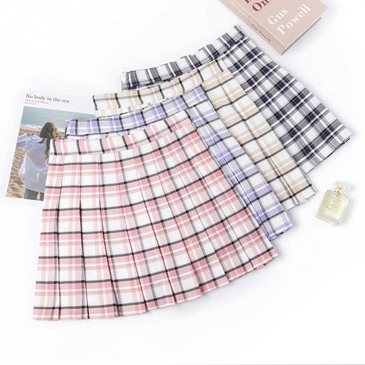 Cute Purple/Yellow/Blue/Pink Plaid High Waist Pleated Skirt MK15923 - KawaiiMoriStore