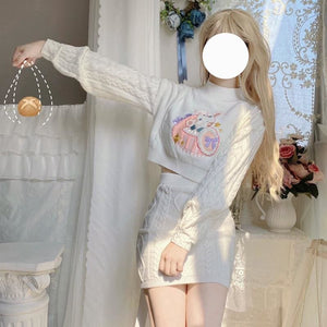 Cute Rabbit Pattern Long Sleeve Sweater Half-length Skirt Two Piece Set MK15509 - KawaiiMoriStore