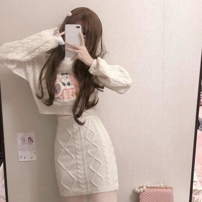 Cute Rabbit Pattern Long Sleeve Sweater Half-length Skirt Two Piece Set MK15509 - KawaiiMoriStore