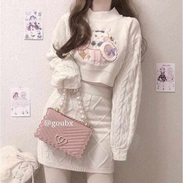 Cute Rabbit Pattern Long Sleeve Sweater Half-length Skirt Two Piece Set MK15509 - KawaiiMoriStore