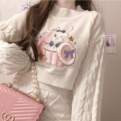 Cute Rabbit Pattern Long Sleeve Sweater Half-length Skirt Two Piece Set MK15509 - KawaiiMoriStore