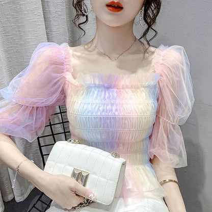 Cute Rainbow Puff Sleeve Square Collar Blouse MM1614 - KawaiiMoriStore