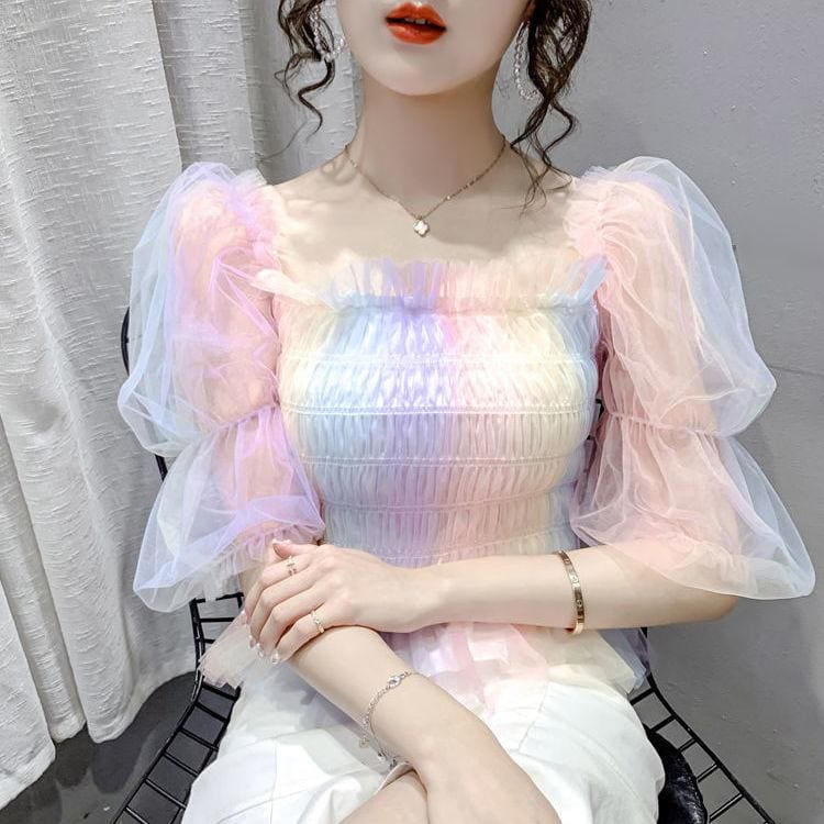 Cute Rainbow Puff Sleeve Square Collar Blouse MM1614 - KawaiiMoriStore