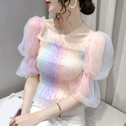 Cute Rainbow Puff Sleeve Square Collar Blouse MM1614 - KawaiiMoriStore