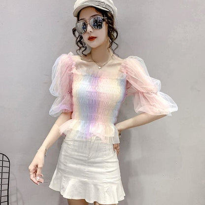 Cute Rainbow Puff Sleeve Square Collar Blouse MM1614 - KawaiiMoriStore