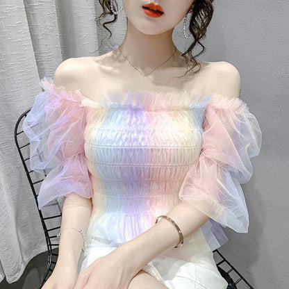 Cute Rainbow Puff Sleeve Square Collar Blouse MM1614 - KawaiiMoriStore