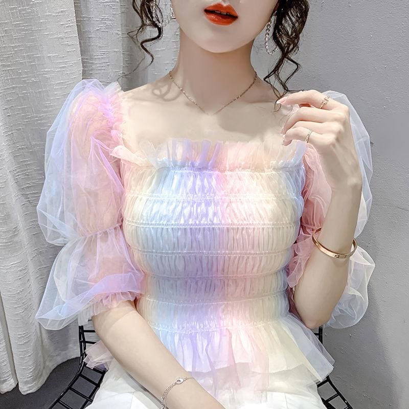 Cute Rainbow Puff Sleeve Square Collar Blouse MM1614 - KawaiiMoriStore