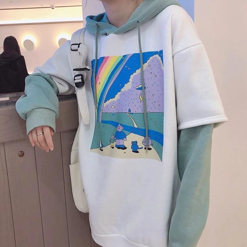 Cute Rainbow Rain Hoodie MK15279 - KawaiiMoriStore