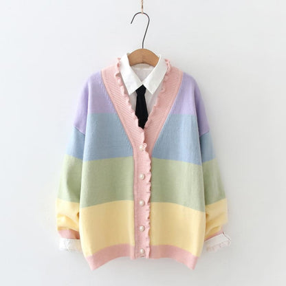 Cute Rainbow Striped Wave Cardigan Coat MK16088 - KawaiiMoriStore