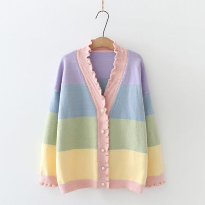 Cute Rainbow Striped Wave Cardigan Coat MK16088 - KawaiiMoriStore