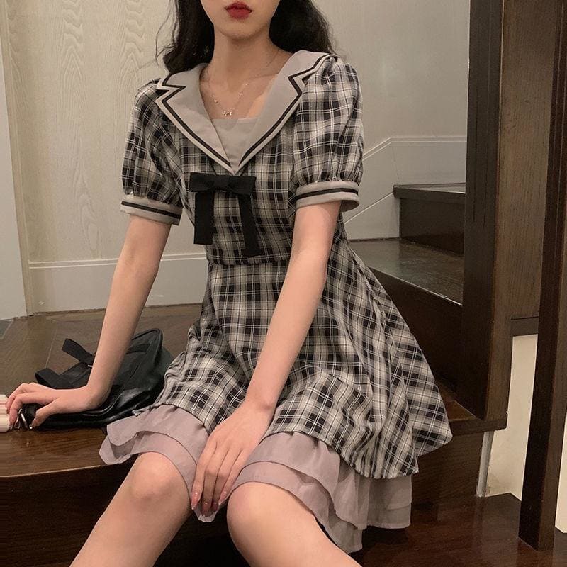 Cute Sailor Collar Plaid Gray Summer Dress MK16004 - KawaiiMoriStore