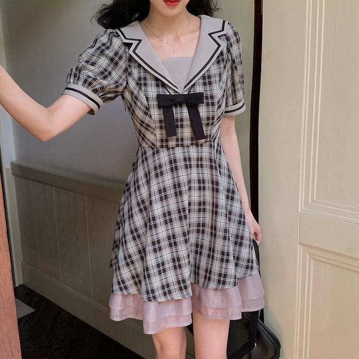 Cute Sailor Collar Plaid Gray Summer Dress MK16004 - KawaiiMoriStore