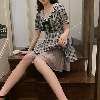 Cute Sailor Collar Plaid Gray Summer Dress MK16004 - KawaiiMoriStore