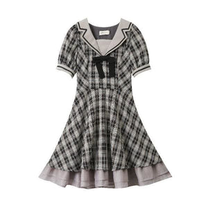 Cute Sailor Collar Plaid Gray Summer Dress MK16004 - KawaiiMoriStore