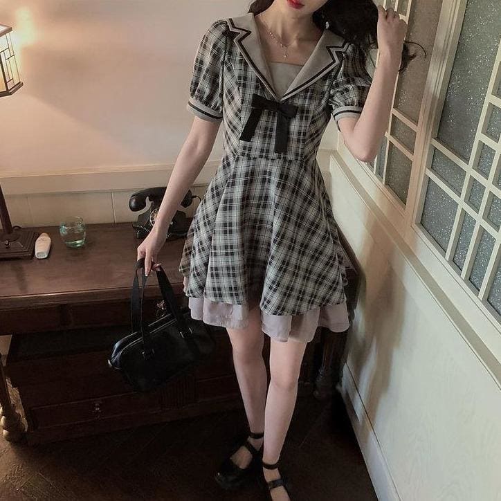 Cute Sailor Collar Plaid Gray Summer Dress MK16004 - KawaiiMoriStore