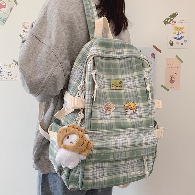 Cute Soft Girl Plaid Backpack - 152401