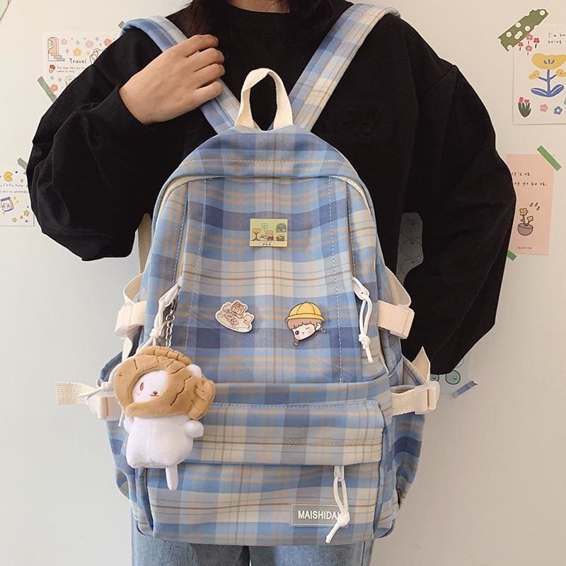 Cute Soft Girl Plaid Backpack - 152401