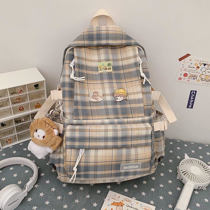 Cute Soft Girl Plaid Backpack - 152401