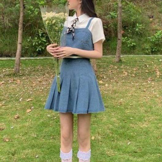 Cute Summer 3 Piece set White Blouse Blue Top Skirt MM1308 - KawaiiMoriStore