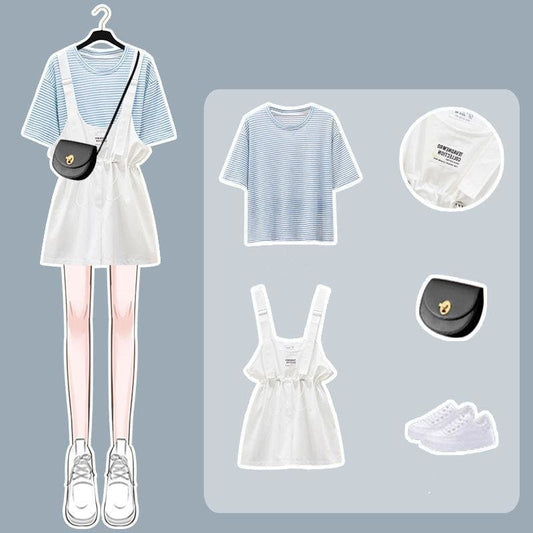 Cute Summer Pastel Set Blue T-shirt White Dress Casual Outfit MK16030 - KawaiiMoriStore