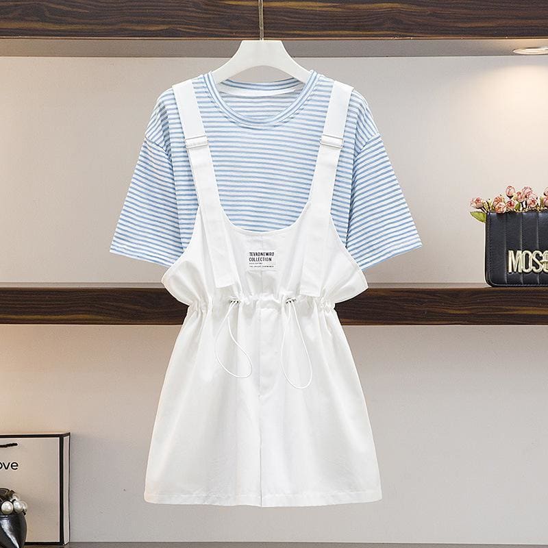 Cute Summer Pastel Set Blue T-shirt White Dress Casual Outfit MK16030 - KawaiiMoriStore