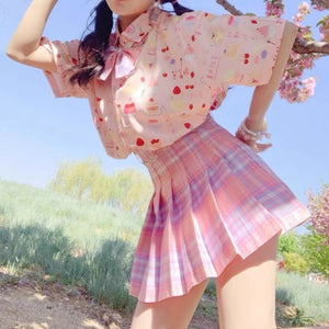 Cute Summer Pink Plaid Skirt MM1246 - KawaiiMoriStore