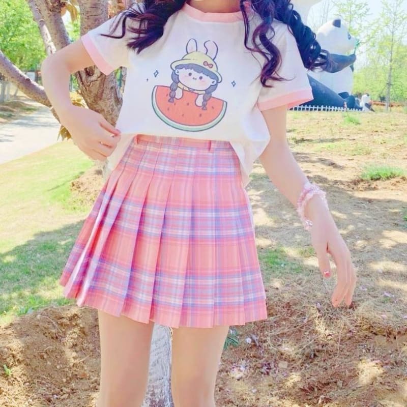 Cute Summer Pink Plaid Skirt MM1246 - KawaiiMoriStore