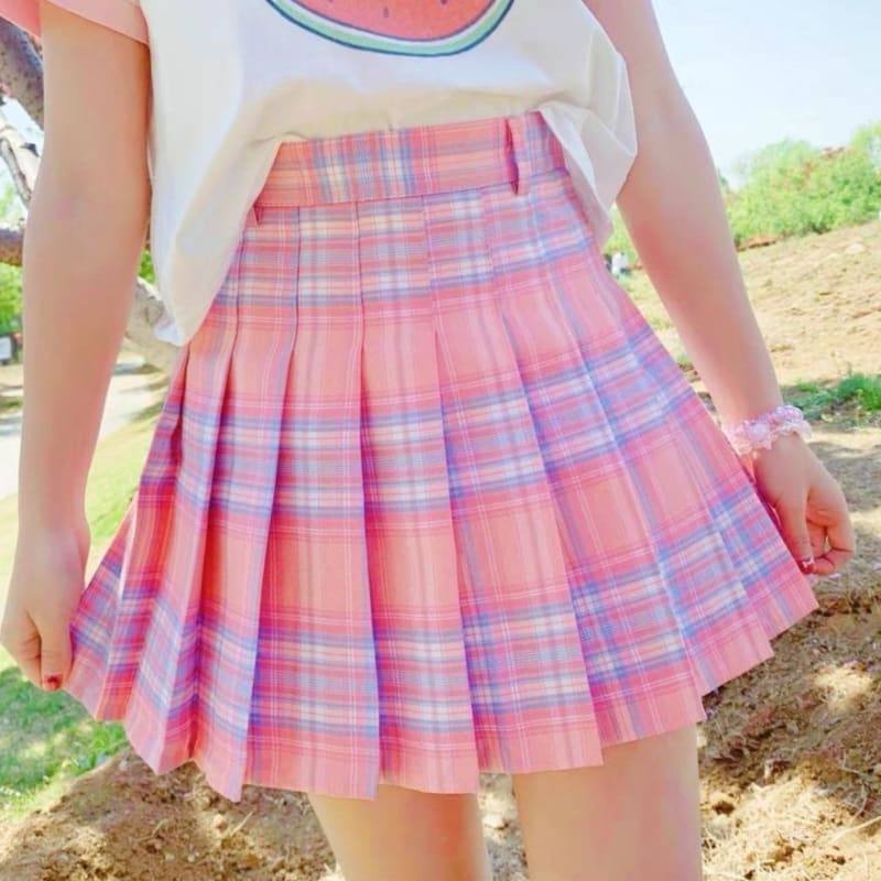 Cute Summer Pink Plaid Skirt MM1246 - KawaiiMoriStore