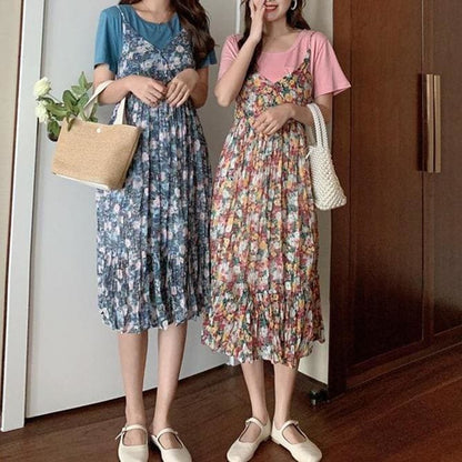 Cute Sweet Blue/Red Loose T-shirt Floral Dress Two Piece Set MK15906 - KawaiiMoriStore