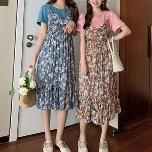 Cute Sweet Blue/Red Loose T-shirt Floral Dress Two Piece Set MK15906 - KawaiiMoriStore