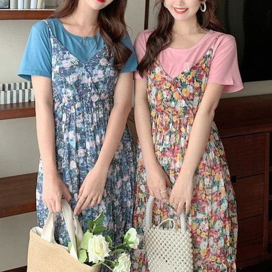 Cute Sweet Blue/Red Loose T-shirt Floral Dress Two Piece Set MK15906 - KawaiiMoriStore