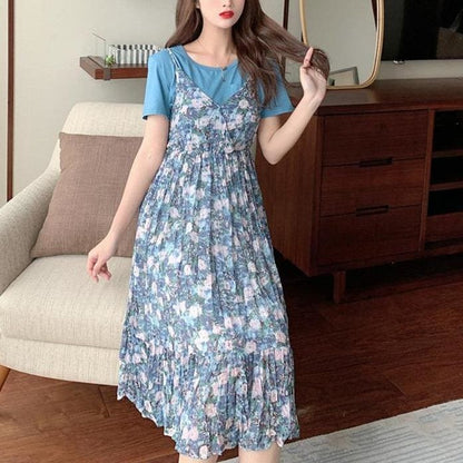 Cute Sweet Blue/Red Loose T-shirt Floral Dress Two Piece Set MK15906 - KawaiiMoriStore