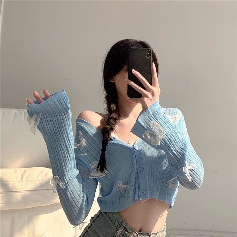 Cute Sweet Butterfly Blue Knitted Shirt MK15925 - KawaiiMoriStore