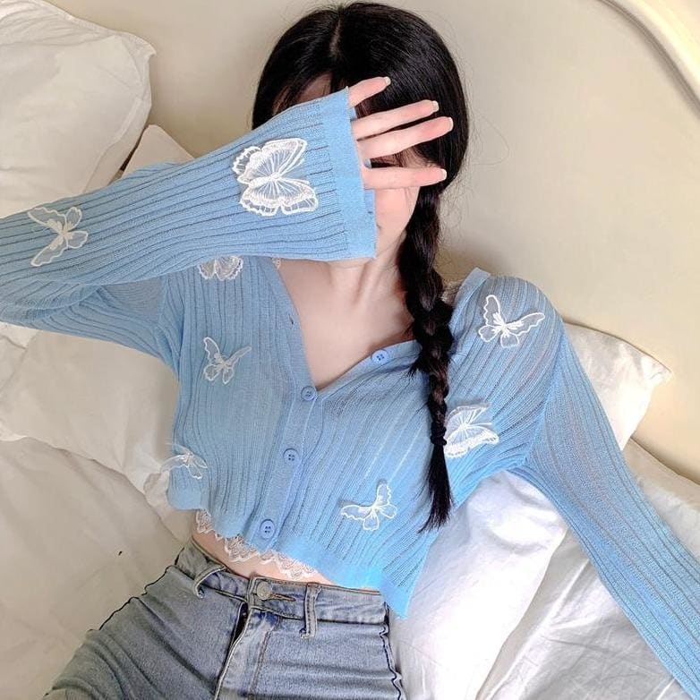 Cute Sweet Butterfly Blue Knitted Shirt MK15925 - KawaiiMoriStore