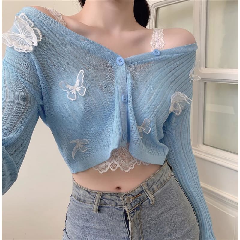 Cute Sweet Butterfly Blue Knitted Shirt MK15925 - KawaiiMoriStore